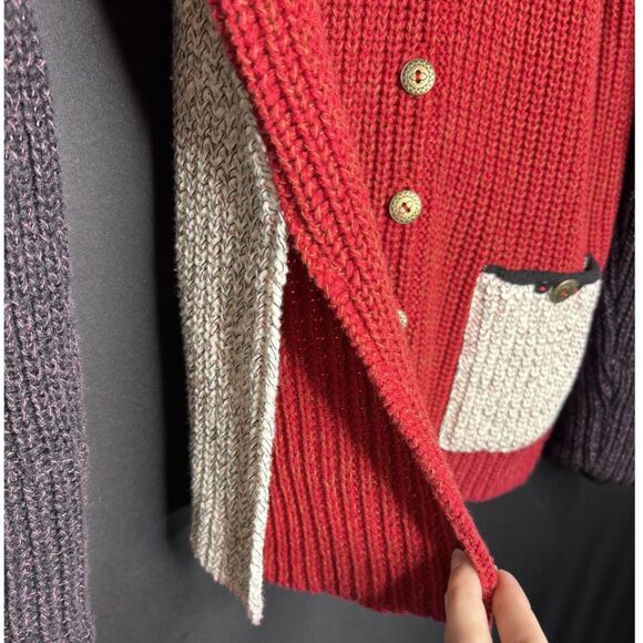 Margaret Winters Boho Classic Colorblock Patchwork Chunky Knit Sweater Cardigan - Picture 4 of 9